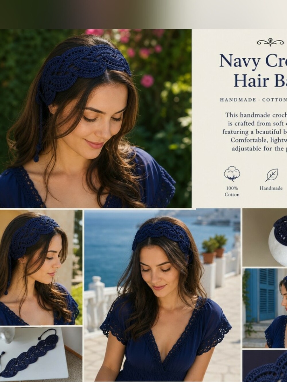 Handmade Navy Crochet Hair Band - Boho Cotton Headband